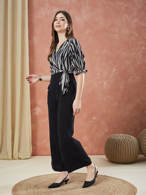 Latin Quarters Women's Black Half Sleeves Printed V-Neck Casual Jumpsuit