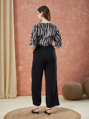 Latin Quarters Women's Black Half Sleeves Printed V-Neck Casual Jumpsuit