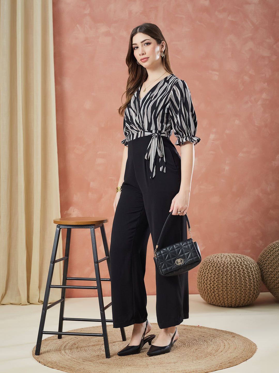 Latin Quarters Women's Black Half Sleeves Printed V-Neck Casual Jumpsuit