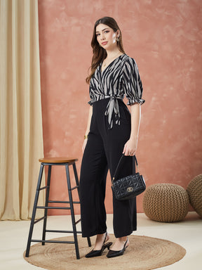 Latin Quarters Women's Black Half Sleeves Printed V-Neck Casual Jumpsuit