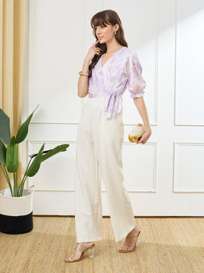 Latin Quarters Women's Lilac Half Sleeves V-Neck Casual Printed Jumpsuit