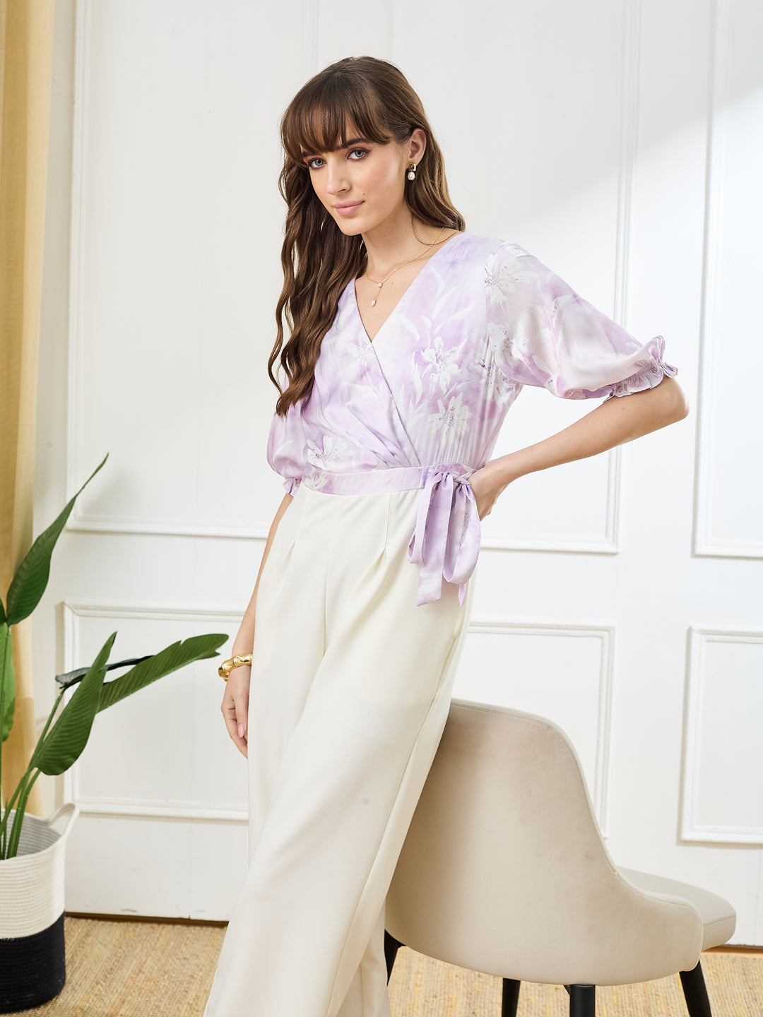 Latin Quarters Women's Lilac Half Sleeves V-Neck Casual Printed Jumpsuit