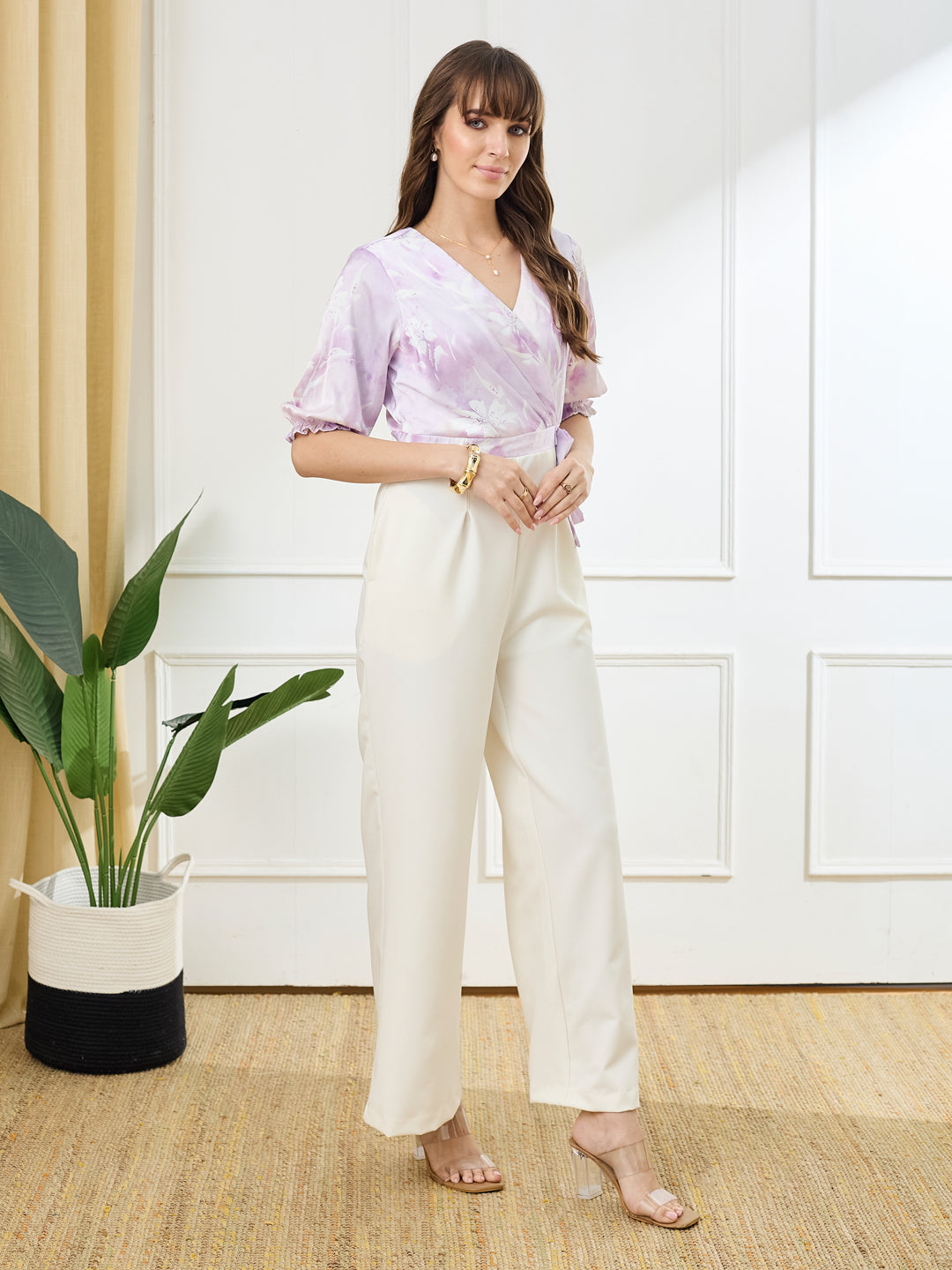 Latin Quarters Women's Lilac Half Sleeves V-Neck Casual Printed Jumpsuit
