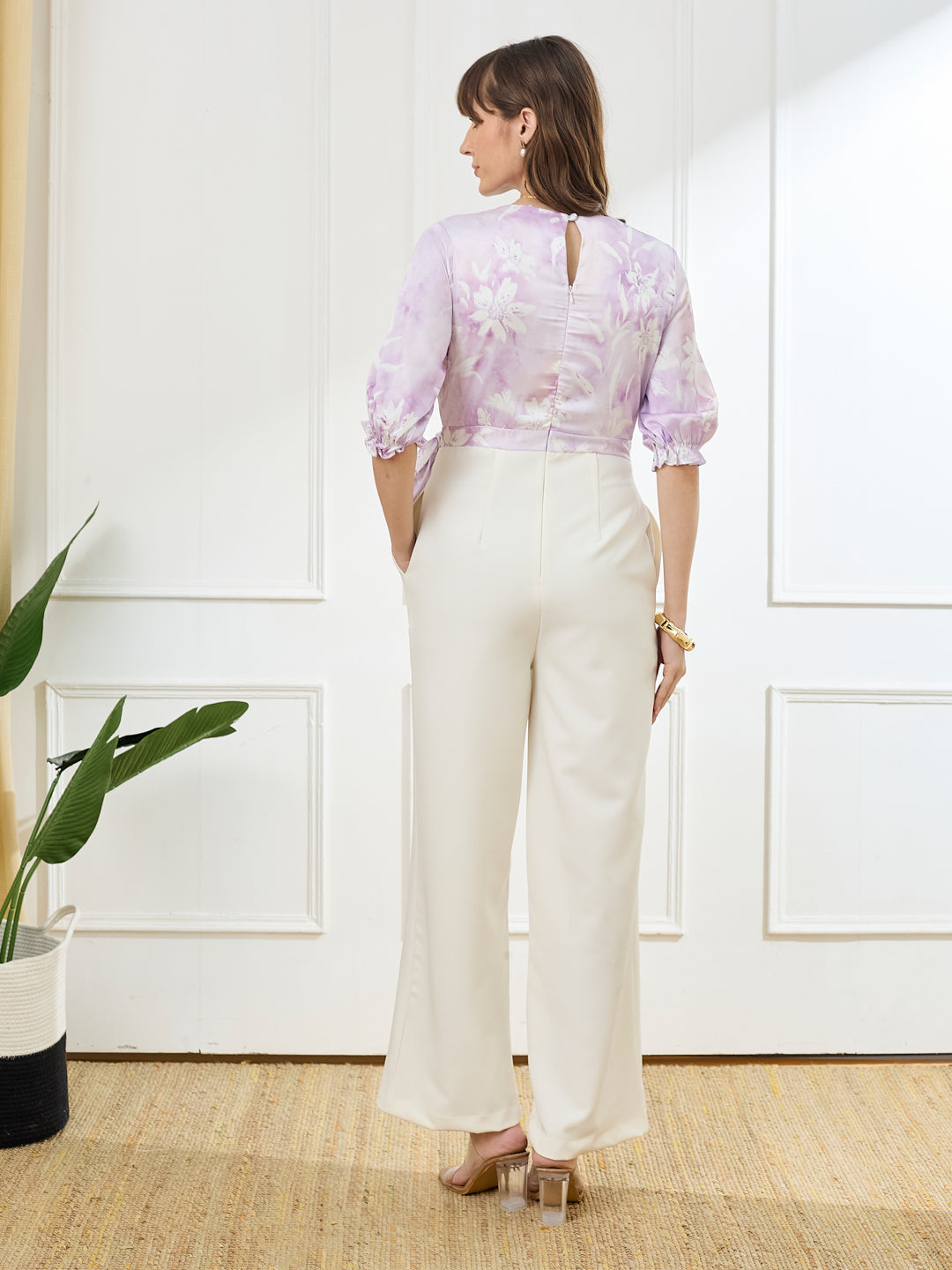 Latin Quarters Women's Lilac Half Sleeves V-Neck Casual Printed Jumpsuit