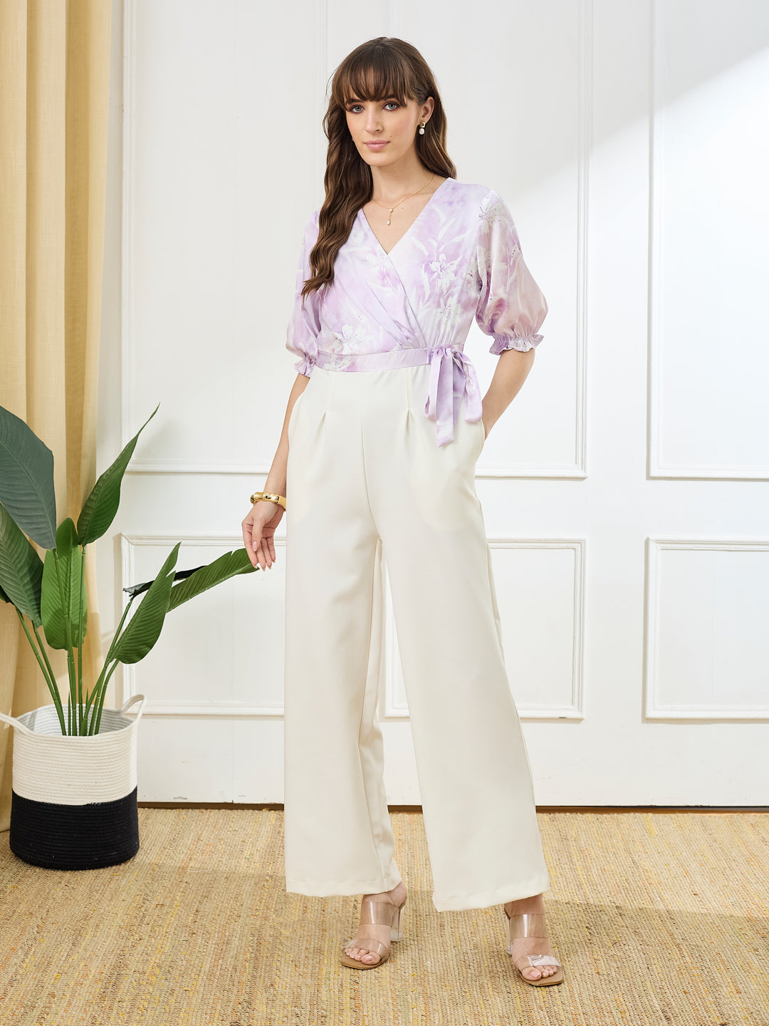 Latin Quarters Women's Lilac Half Sleeves V-Neck Casual Printed Jumpsuit