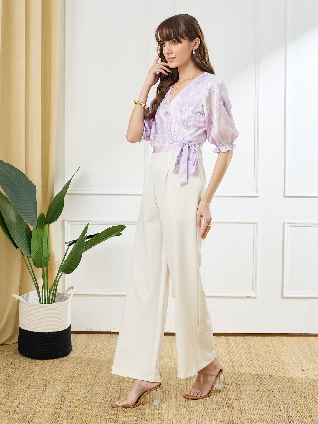 Latin Quarters Women's Lilac Half Sleeves V-Neck Casual Printed Jumpsuit