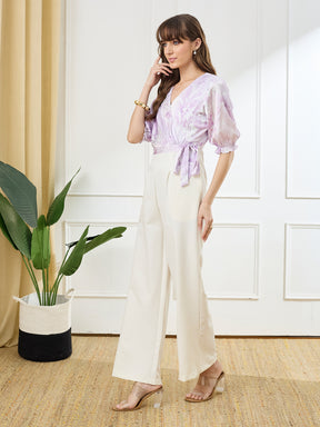 Latin Quarters Women's Lilac Half Sleeves V-Neck Casual Printed Jumpsuit