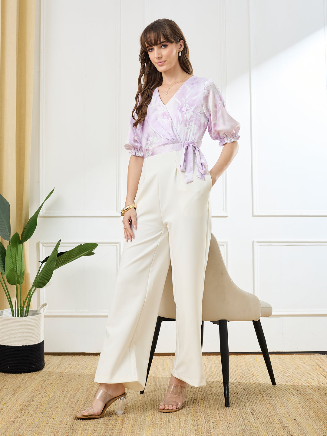 Latin Quarters Women's Lilac Half Sleeves V-Neck Casual Printed Jumpsuit