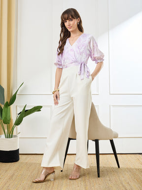 Latin Quarters Women's Lilac Half Sleeves V-Neck Casual Printed Jumpsuit