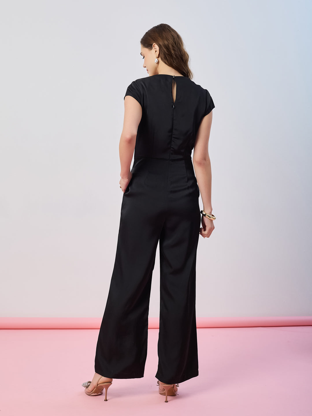 Latin Quarters Women's Black Solid Cap Sleeves Cowl Neck Party Jumpsuit
