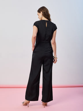 Latin Quarters Women's Black Solid Cap Sleeves Cowl Neck Party Jumpsuit