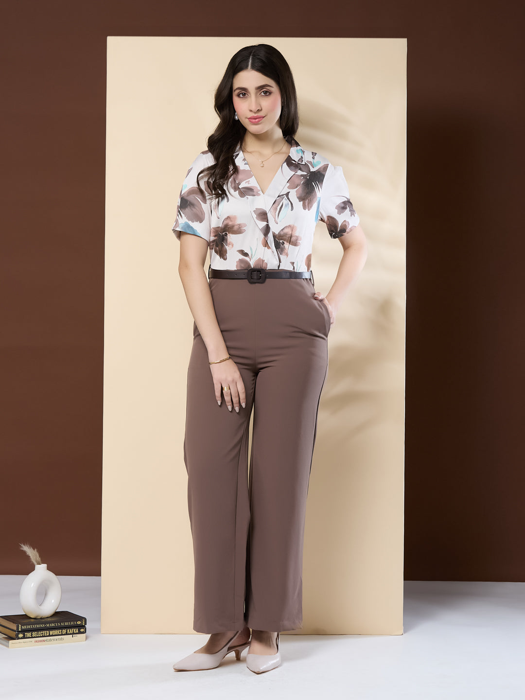 Latin Quarters Women's Printed Brown Half Sleeve V-Neck Casual Wide Leg Jumpsuit