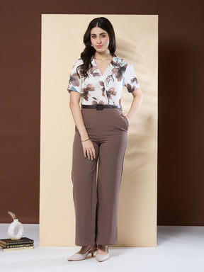 Latin Quarters Women's Printed Brown Half Sleeve V-Neck Casual Wide Leg Jumpsuit