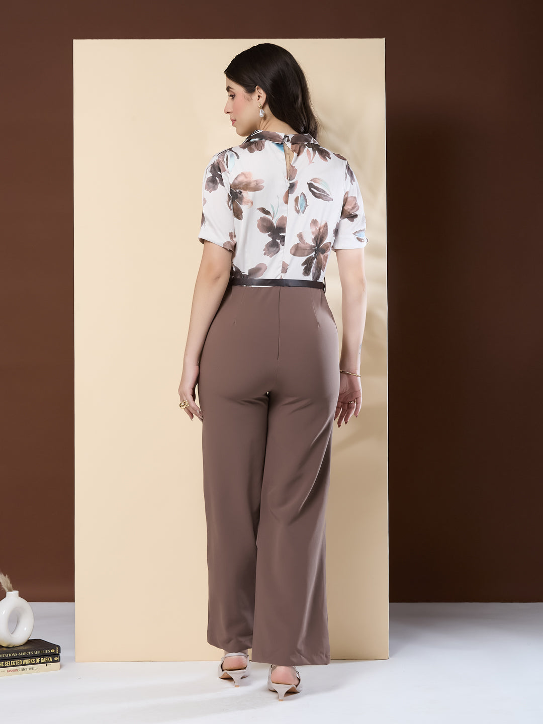 Latin Quarters Women's Printed Brown Half Sleeve V-Neck Casual Wide Leg Jumpsuit