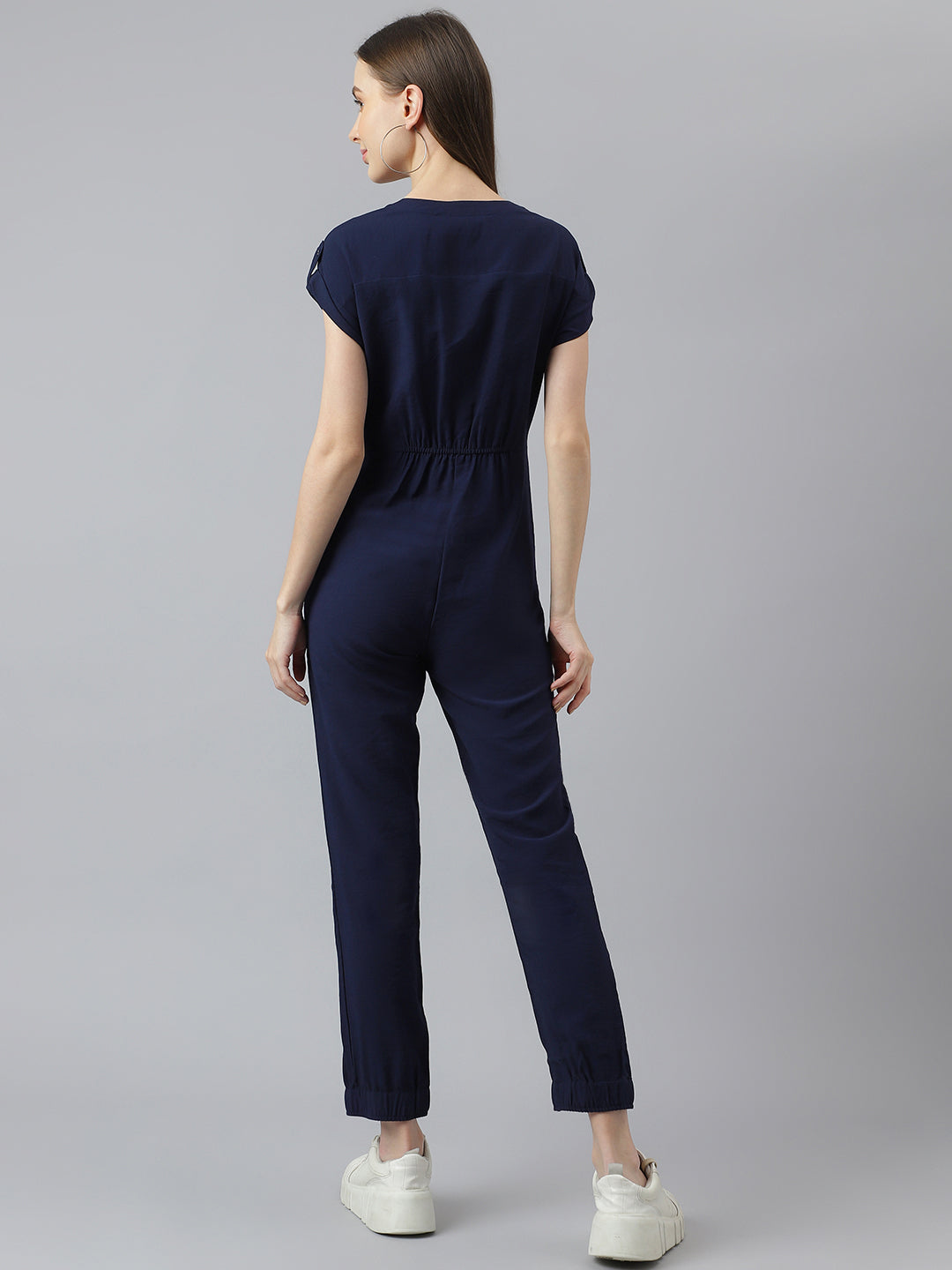 Blue Navy Half Sleeve V-Neck Women Jump Suit For Casual