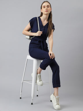 Blue Navy Half Sleeve V-Neck Women Jump Suit For Casual