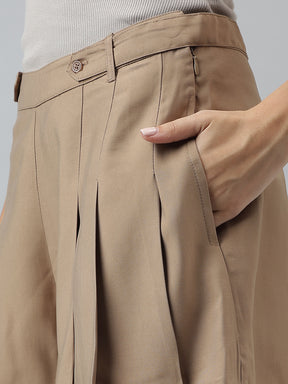 Solid Beige Pleated Mini Skorts