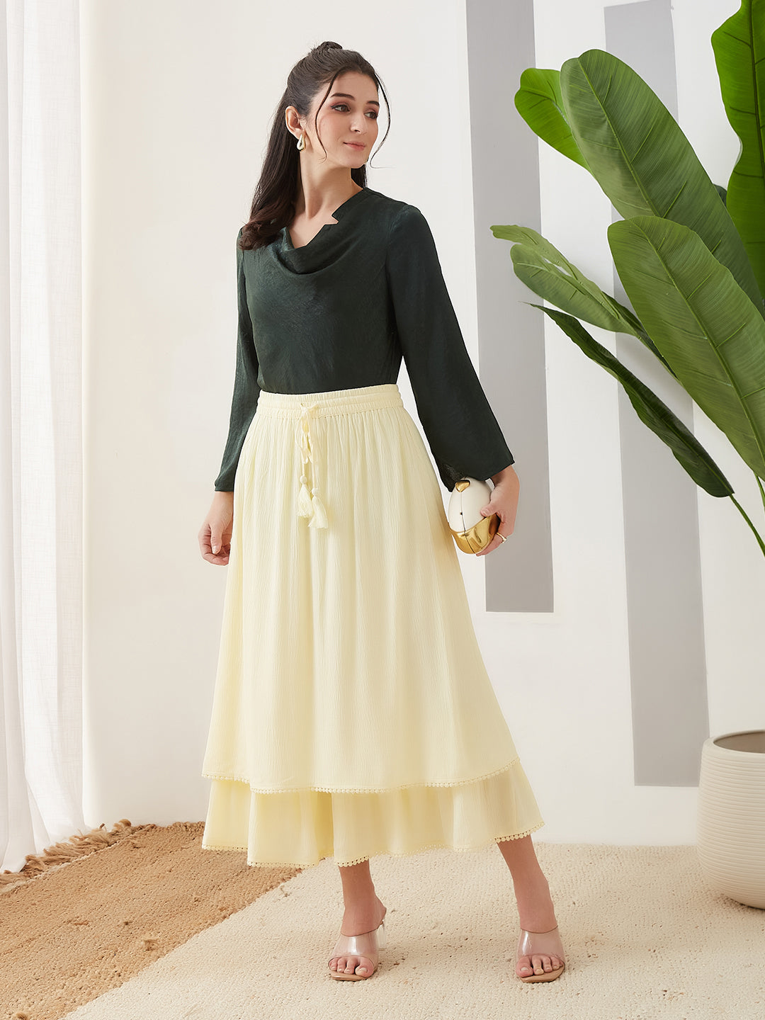 Latin Quarters Women Yellow Solid Ankle Length High Rise Casual Skirt