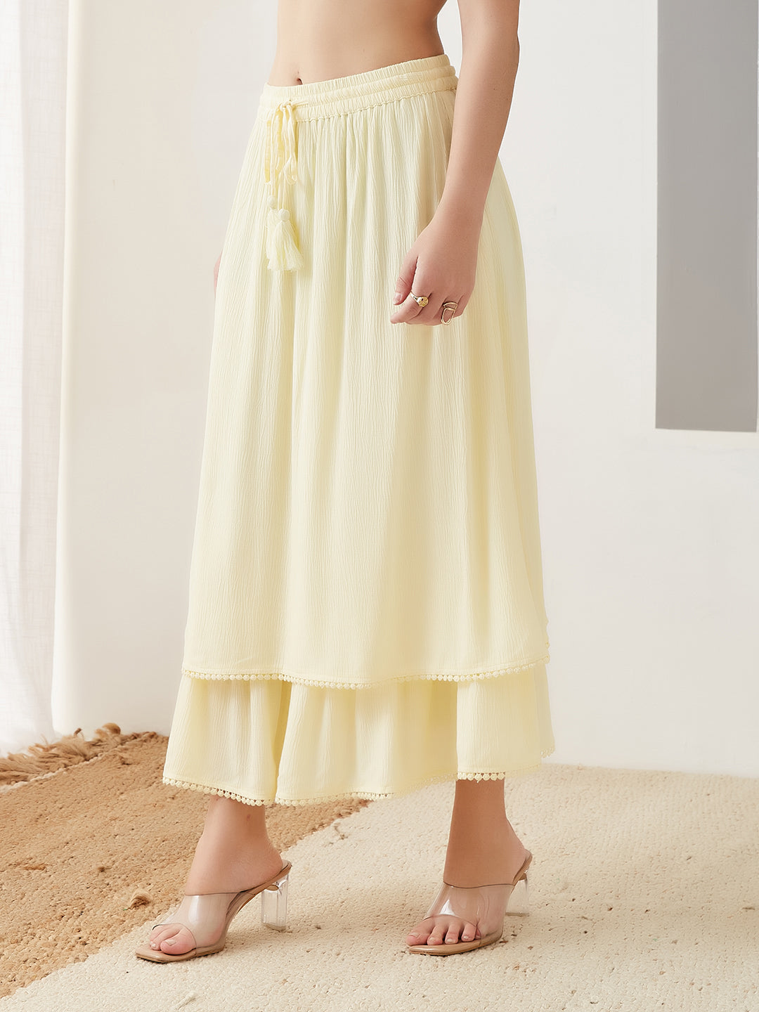 Latin Quarters Women Yellow Solid Ankle Length High Rise Casual Skirt