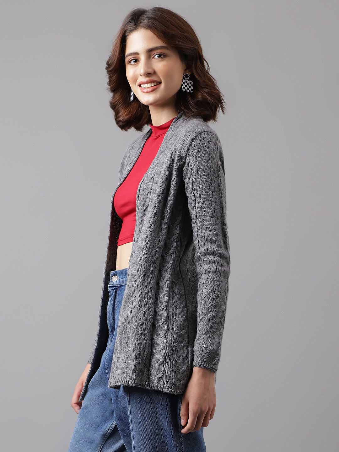 Women Grey Full Sleeve Solid Straight Shrug For Casual