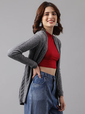 Women Grey Full Sleeve Solid Straight Shrug For Casual