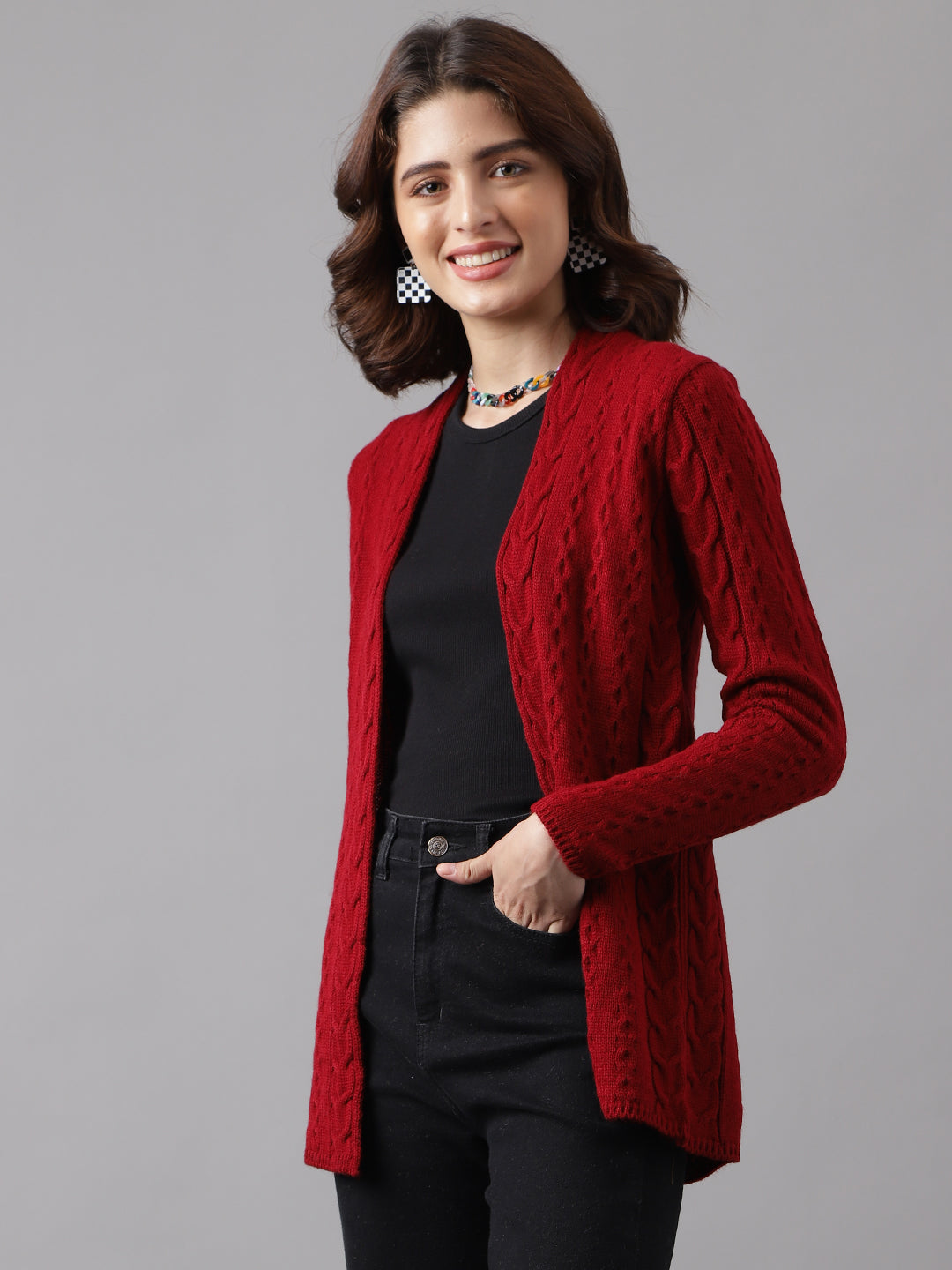 Women Red Full Sleeve Solid Straight Shrug For Casual