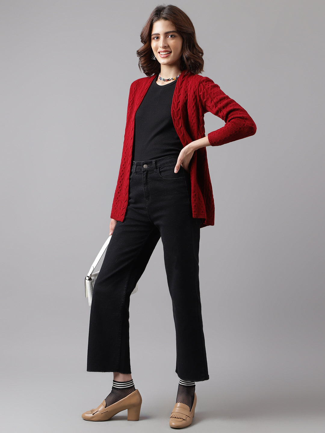 Women Red Full Sleeve Solid Straight Shrug For Casual