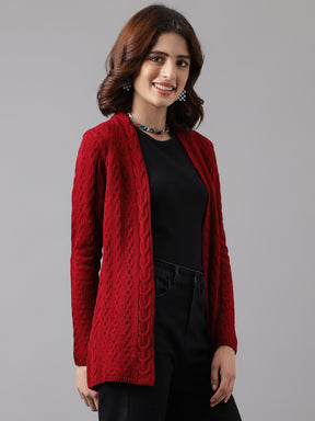 Women Red Full Sleeve Solid Straight Shrug For Casual