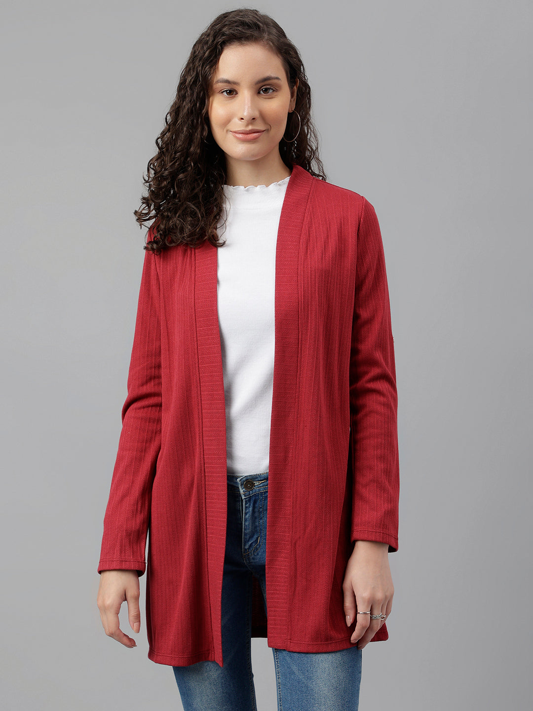 Maroon Full Sleeve Solid Long Shrug