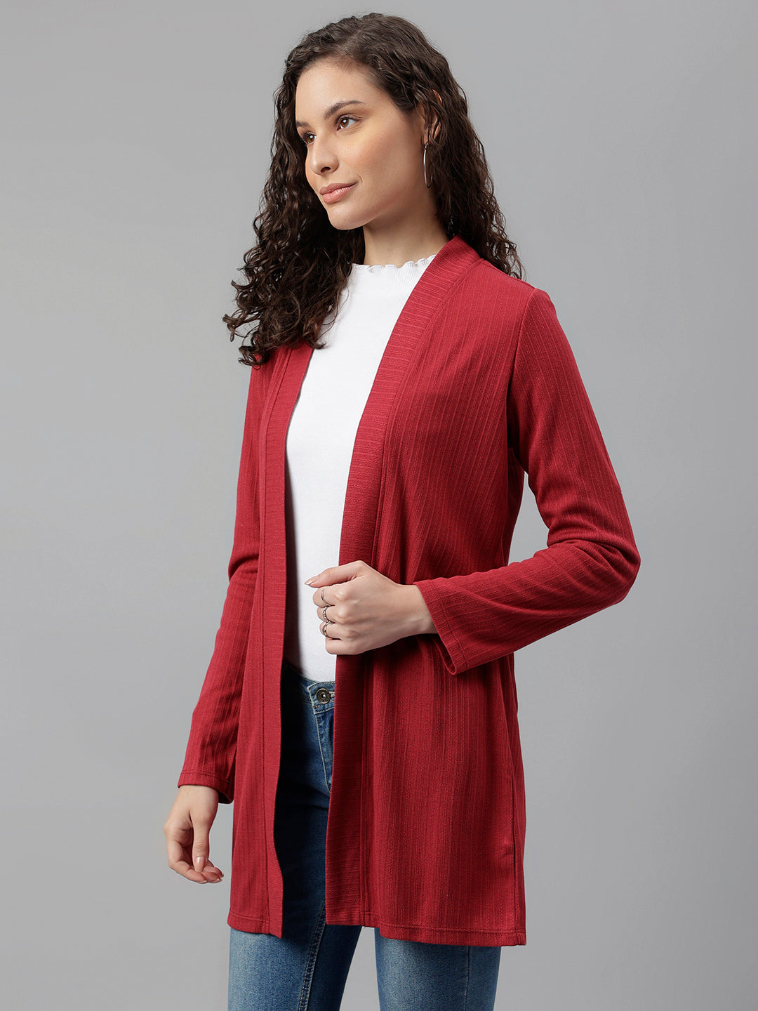 Maroon Full Sleeve Solid Long Shrug