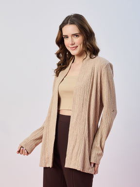 Latin Quarters Women's Beige Textured Full Sleeves Open Front Casual Shrug