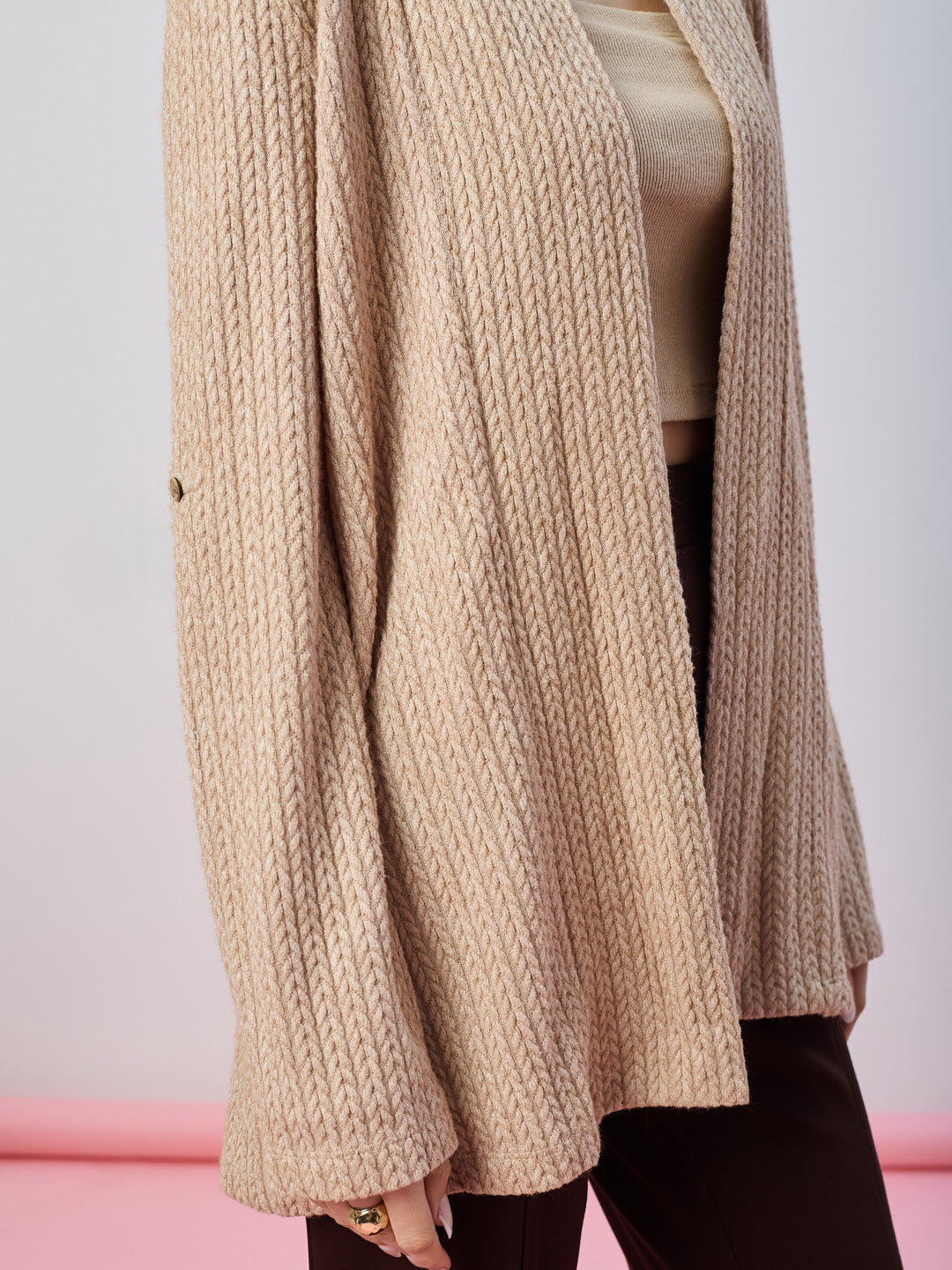 Latin Quarters Women's Beige Textured Full Sleeves Open Front Casual Shrug