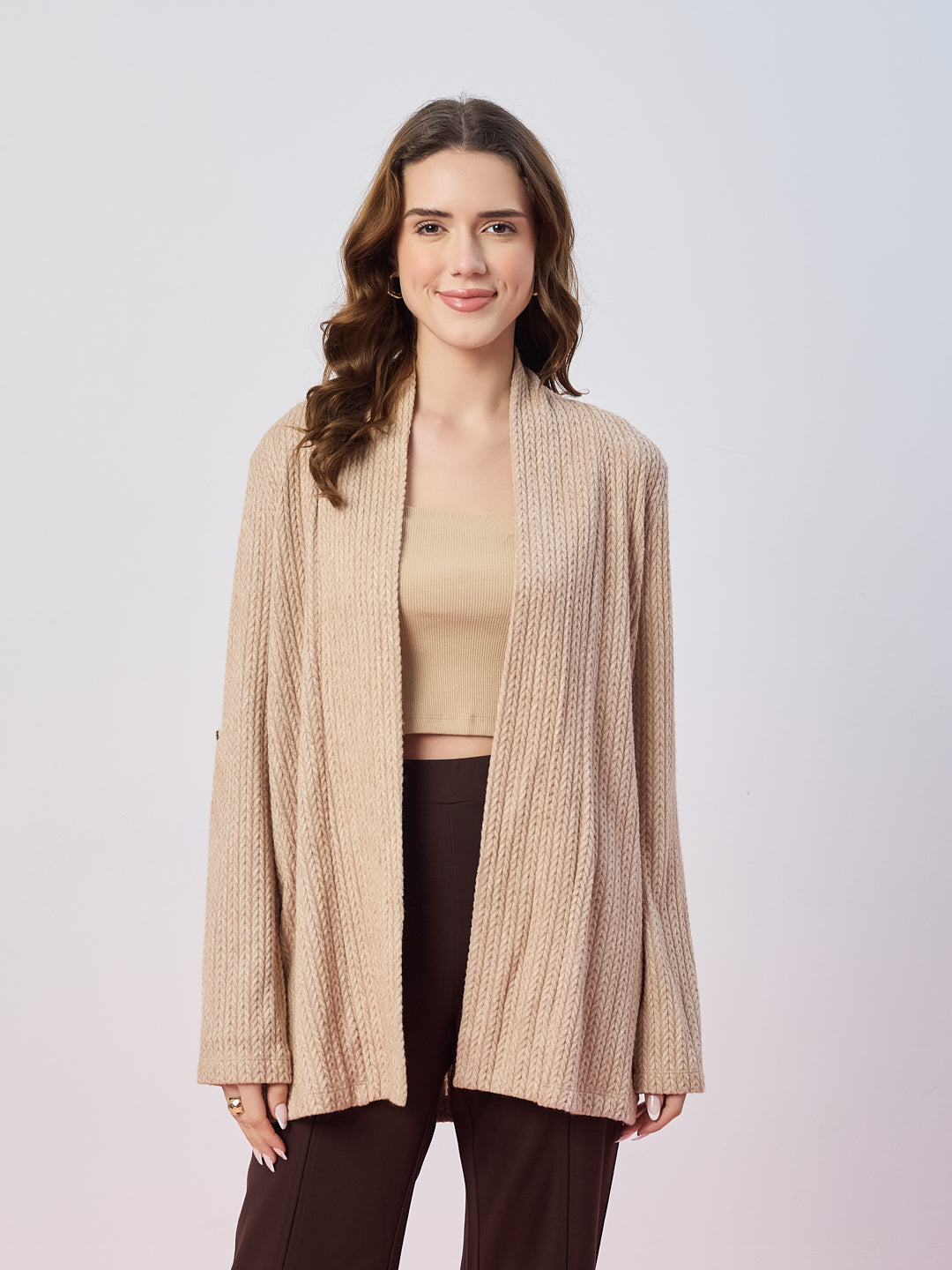 Latin Quarters Women's Beige Textured Full Sleeves Open Front Casual Shrug