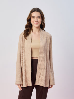 Latin Quarters Women's Beige Textured Full Sleeves Open Front Casual Shrug