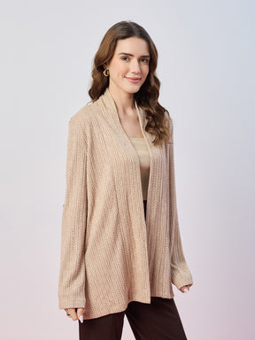 Latin Quarters Women's Beige Textured Full Sleeves Open Front Casual Shrug