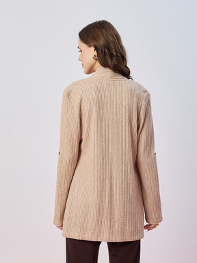 Latin Quarters Women's Beige Textured Full Sleeves Open Front Casual Shrug
