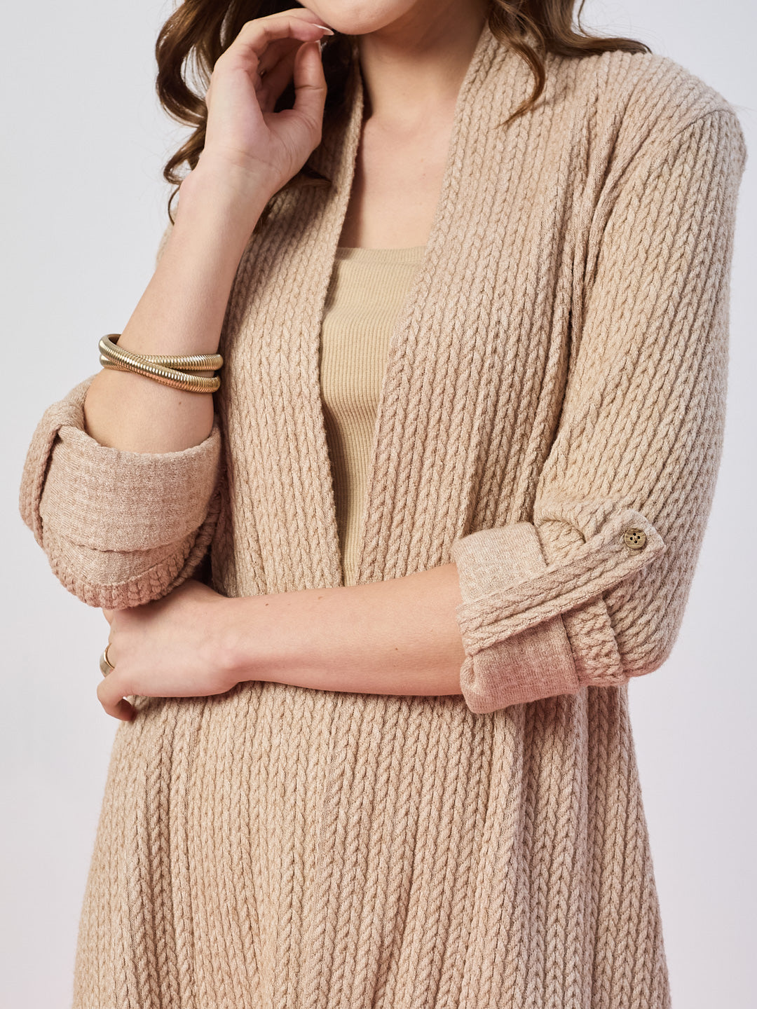 Latin Quarters Women's Beige Textured Full Sleeves Open Front Casual Shrug