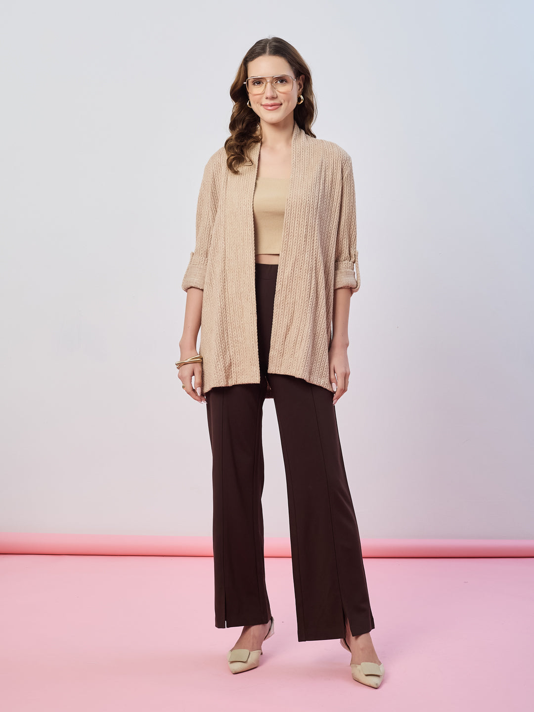 Latin Quarters Women's Beige Textured Full Sleeves Open Front Casual Shrug