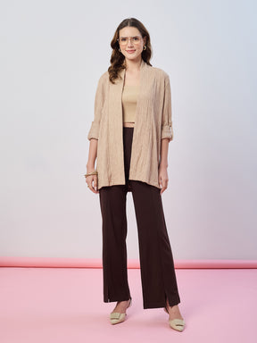 Latin Quarters Women's Beige Textured Full Sleeves Open Front Casual Shrug