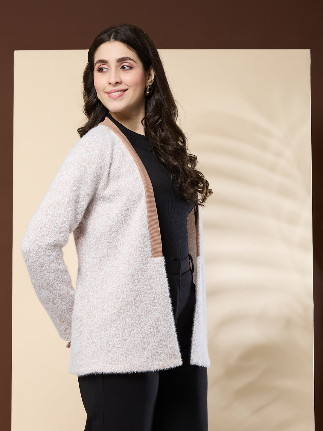 Latin Quarters Women's Fur Beige Full Sleeve Shawl Neck Casual Shrug