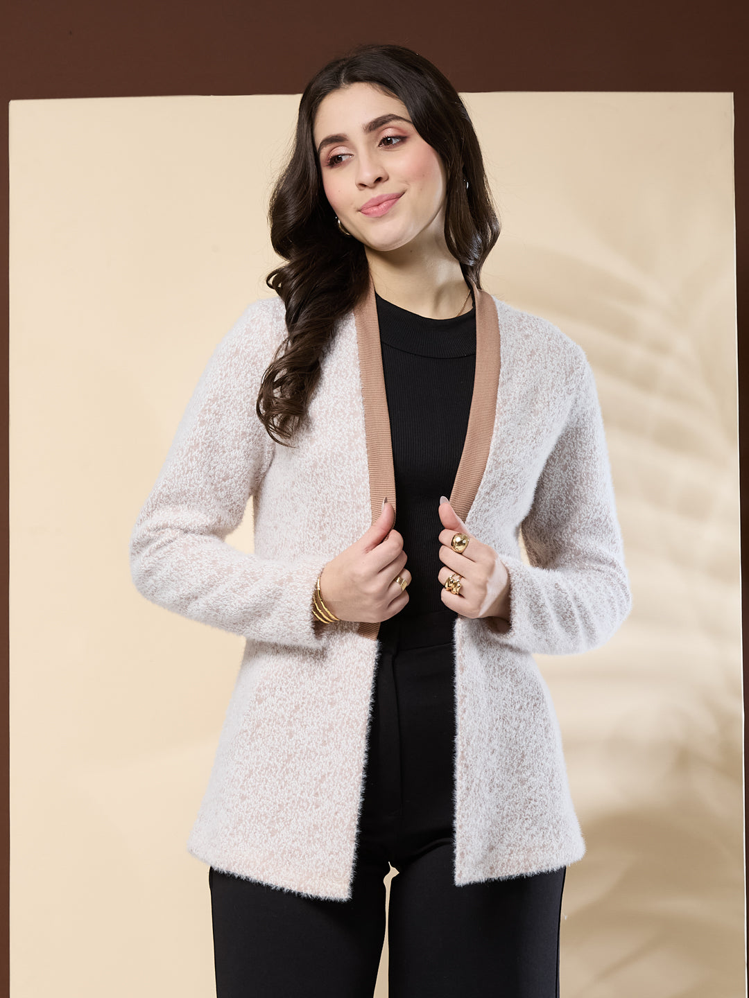 Latin Quarters Women's Fur Beige Full Sleeve Shawl Neck Casual Shrug