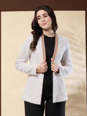 Latin Quarters Women's Fur Beige Full Sleeve Shawl Neck Casual Shrug
