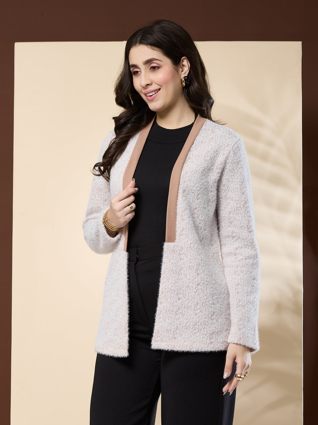 Latin Quarters Women's Fur Beige Full Sleeve Shawl Neck Casual Shrug