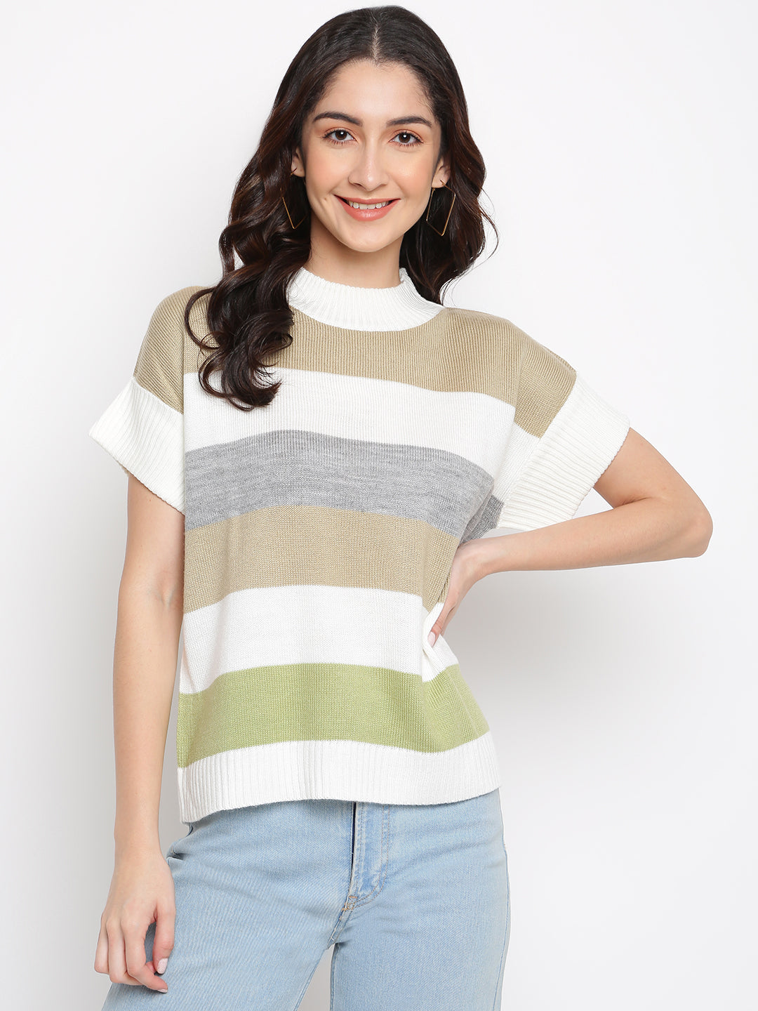 Green Round Neck Half Sleeve Pullover Sweater for Casual