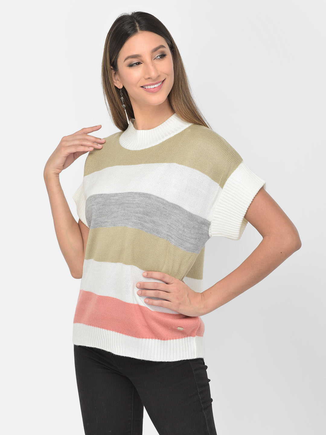 Pink Round Neck Half Sleeve Pullover Sweater for Casual