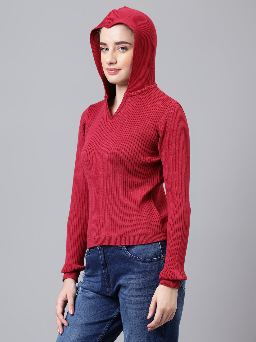 Rose Full Sleeve Solid Women Hoodie Sweater Top for Casual
