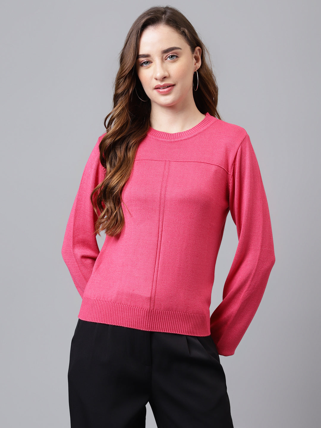 Fuchsia Full Sleeve Solid Women Pullover Sweater Top for Casual