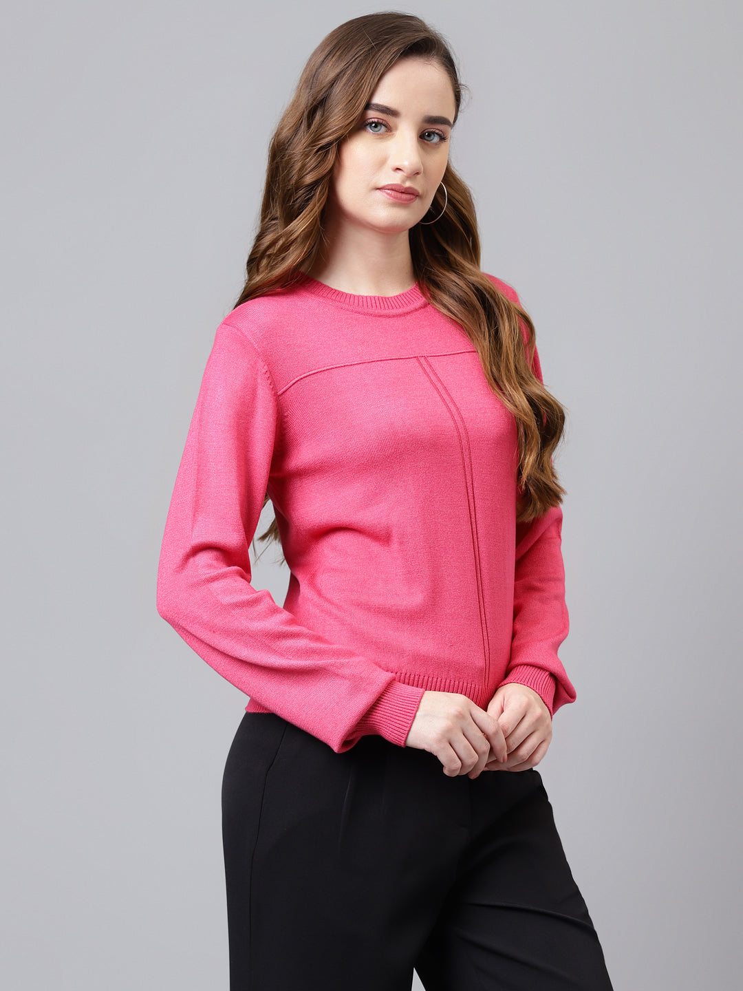 Fuchsia Full Sleeve Solid Women Pullover Sweater Top for Casual