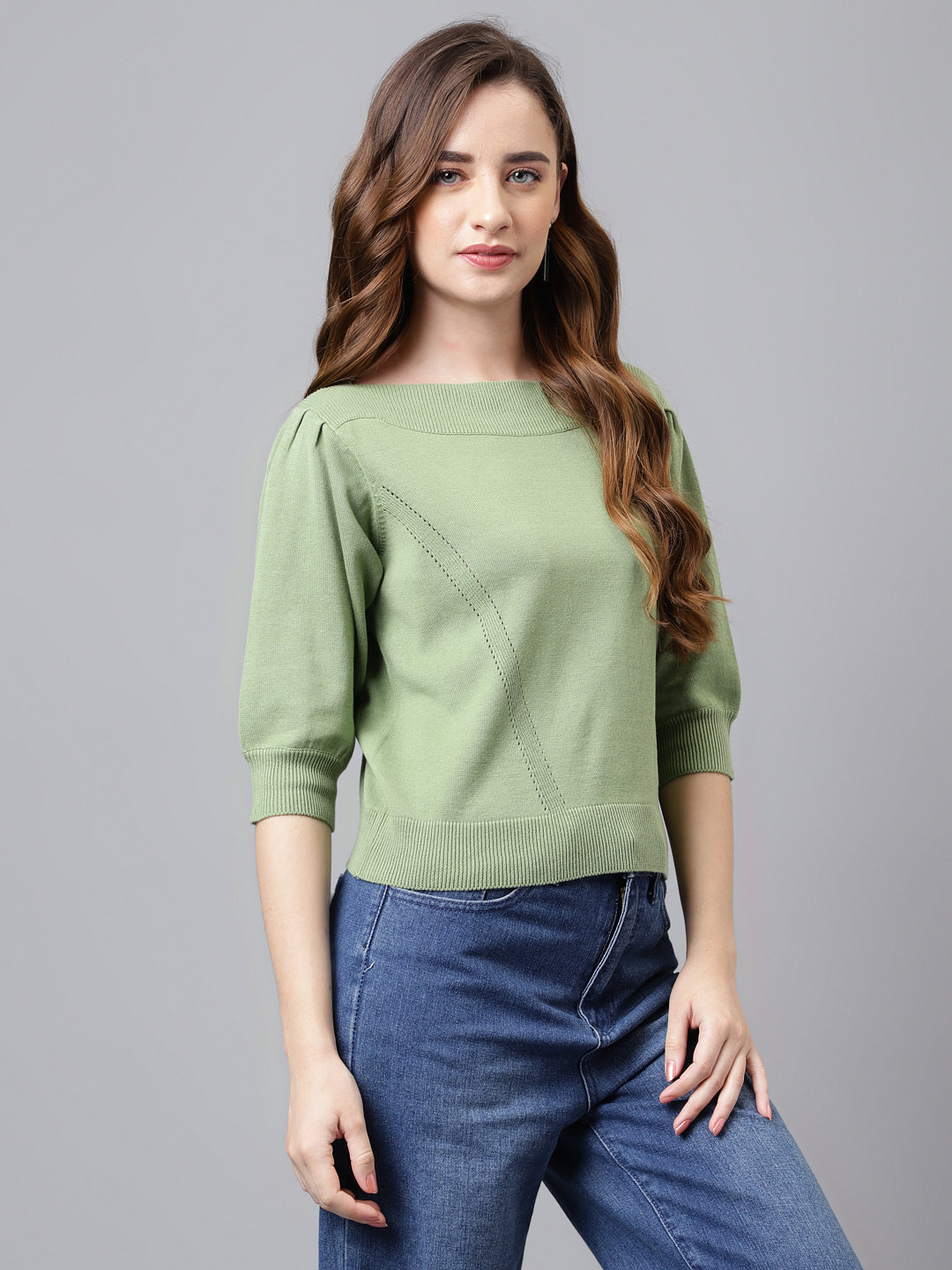 3/4 Sleeves Green Sweater Top