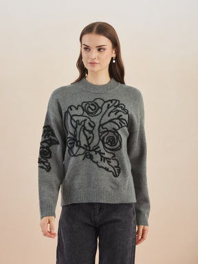 Latin Quarters Women's Grey Full Sleeves Round Neck Self Design Casual Hip Length Sweater